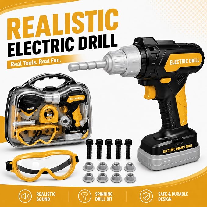 Kids Tool Set with Carrying Case, Electronic Toy Drill with Bits & Construction Vest – Pretend Play Kit with Safety Googles, Gas Shield, Tape Measure, Saw, Bubble Level, Screwdriver, Nuts & Bolts
