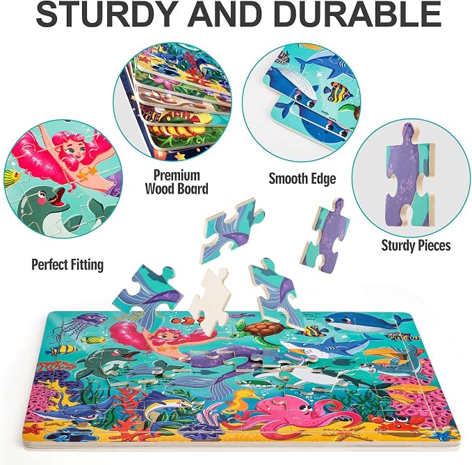 Wooden Puzzles for Kids Ages 4-6-8, 48 Piece Jigsaw Puzzles for Kids 3 4 5 6 7 8 Year Old, Toddler Children Preschool Puzzles Educational Toys for Boys and Girls