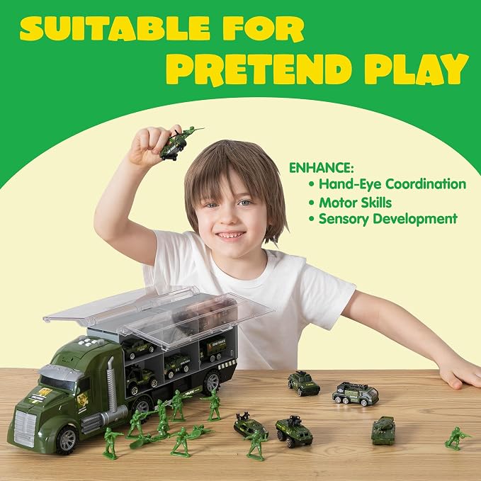 JOYIN 25 in 1 Military Kids Truck Toys for Age 3+, Kids Boy Toys, Army Men Tanks Set with Soldier Men, Mini Battle Cars in Carrier Truck with Lights and Sounds, Gifts for Grandkids