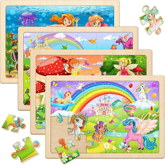 Wooden Puzzles for Kids Ages 4-6, 4 Pack 24 Pcs Toddler Puzzles Set for Ages 3-5, Educational Learning Toys Gift for Boys Girls 3 4 5 6 Year Old, Unicorn Mermaid Princess Elf Worlds