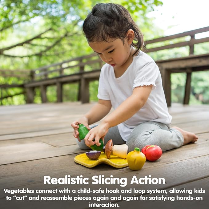 PlanToys® Wooden Assorted Vegetable Set Montessori Play Food for Toddlers | tomato, mushroom, shallot, pepper, cucumber, fruits and vegetables toys, girls, boys, fine motor role play social gift set