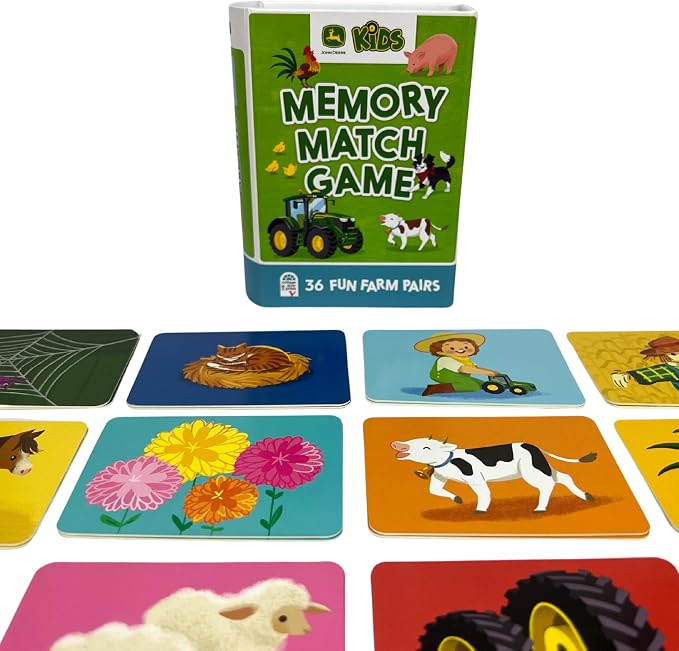Cottage Door Press John Deere Memory Matching Game for Kids Ages 3+ 72 Large Thick Cards Including Farm Animals and Tractors in a Sturdy Compact Box
