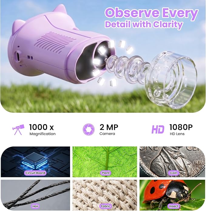 Alotwan Kids Handheld Microscope, 1000X Digital Pocket Microscope for 3-12 | 2.4" Large Screen, HD Camera/Video, Outdoor Toys, STEM Science Kit, Birthday Gifts for Boys & Girls 3-12, Christmas Gift