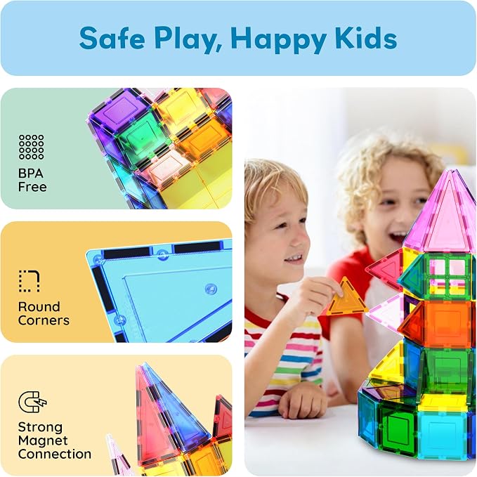 PicassoTiles 101 Piece Magnetic Tiles Building Set with Car & Bag Ages 3+ | BPA-free plastic, smooth-edge design, doors/windows, specialty shapes, spatial reasoning, hand-eye coordination, pretend play