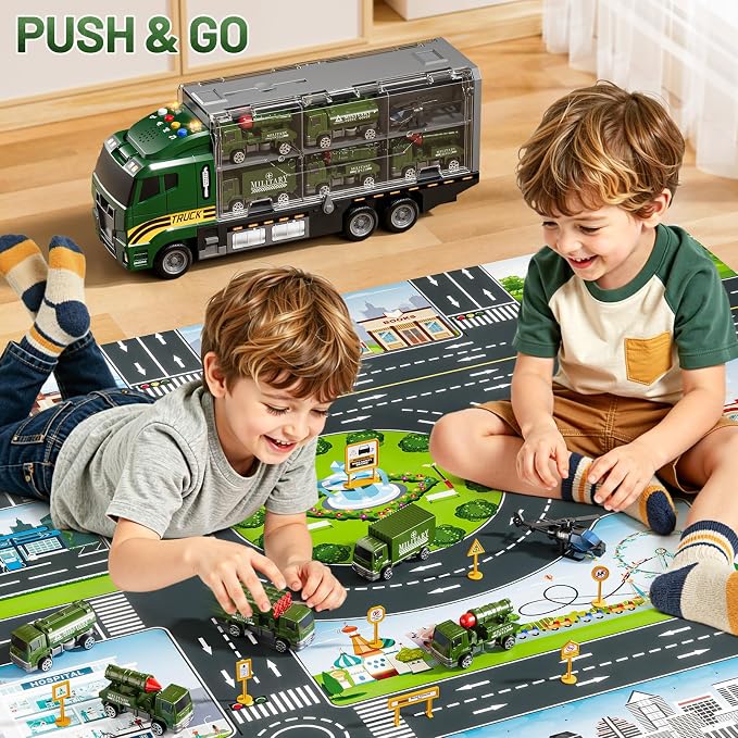 Carrier Truck Toddlers Toys for 3 4 5 6 7 Years Old Boys, Toy Truck Transport Car & Die-Cast Car and Play Mat, Military Toys Birthday Gifts for Kids 3 4 5 6 7 8+ Years Old Boys Girls