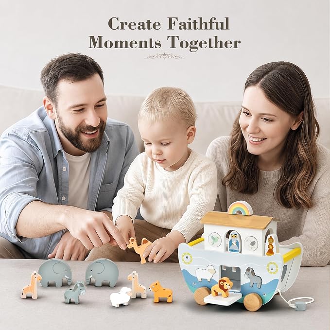 Wooden Noah’s Ark Toy with Book, Baptism Gifts for Boys and Girls | Montessori Toys for 1 Year Old with sorting and pull-along; Christian Baby Toys for Toddlers 1-3; Christmas Birthday Gifts.