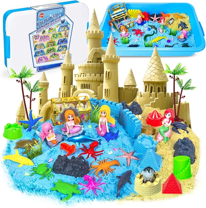 57Pcs Ocean Sensory Bin, Mermaid Sensory Sand Toys for Kids Ages 4-8 Years | Ocean Sand Art Kit Sea Animals Molds Sandbox with Cover, Kids Play Sand Toys Playsand Birthday Gift for Boys Girls 3-5 6 7 8