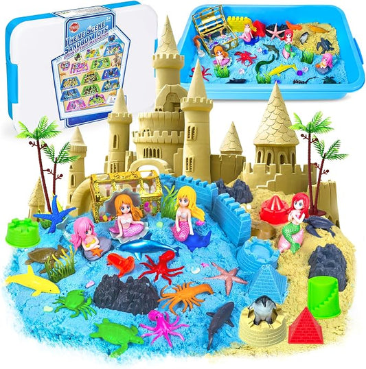 57Pcs Ocean Sensory Bin, Mermaid Sensory Sand Toys for Kids Ages 4-8 Years | Ocean Sand Art Kit Sea Animals Molds Sandbox with Cover, Kids Play Sand Toys Playsand Birthday Gift for Boys Girls 3-5 6 7 8