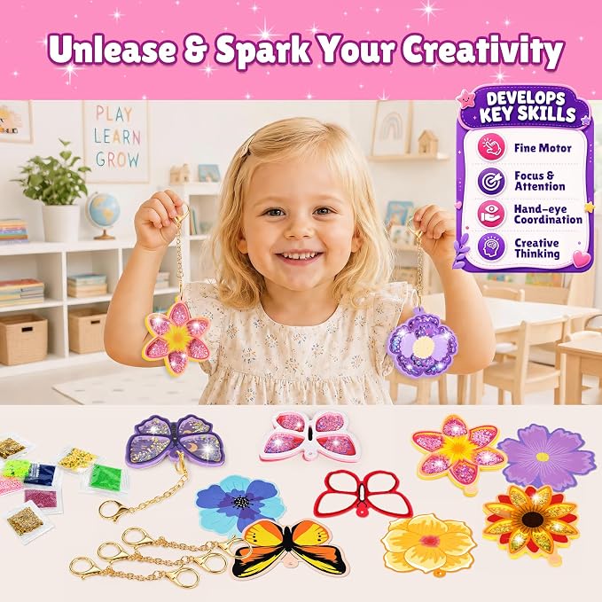 Fun Shake Glitter Craft Kits for Kids, DIY Arts and Crafts Keychains Kit | Art Supplies, Class Travel Activities, Party favors, Gifts for Girls & Boys 4yrs+, Butterfly & flower
