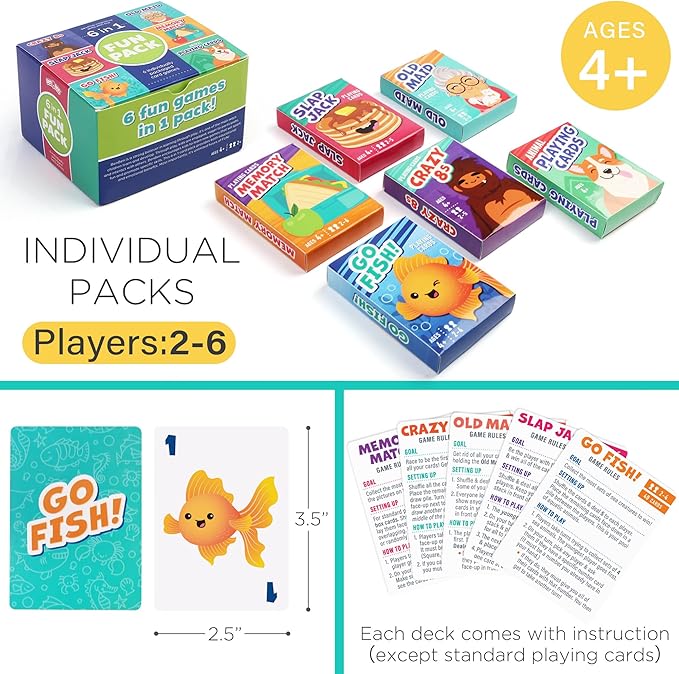 LotFancy Card Games for Kids, 6 Decks, Go Fish, Old Maid, Crazy Eights, Memory Match, Slap Jack, Animal Playing Cards, Easter Basket Stuffers, Stocking Stuffers, Birthday Gifts (Pack of 2)
