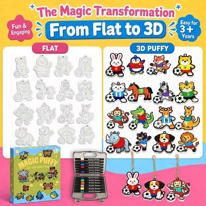 MWOMGLP Magic Foam Texture Painting Kit, 16 Pack DIY Puffy Foam Art Craft Set for Kids, 3D Sensory Painting Paper with Colorful Foam Sheets, Creative Gift for Boys Girls Ages 3+(Animal Football Ball)