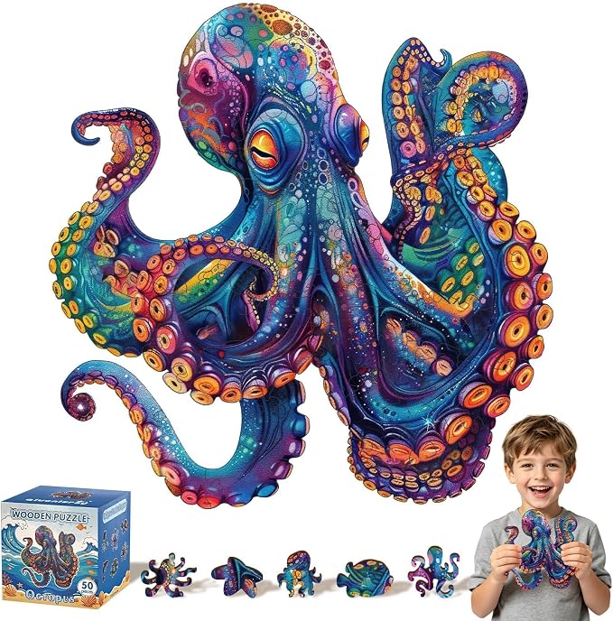 Qiuenisray Wooden Puzzle for Adult, 50 Piece Octopus Puzzle Ages 6-12 | Jigsaw Puzzles for Kid, Beautiful Wood Octopus Puzzle, Gifts for Family Game 6.5x6.5 in Children Gift for Boy Girl Ages 8-12