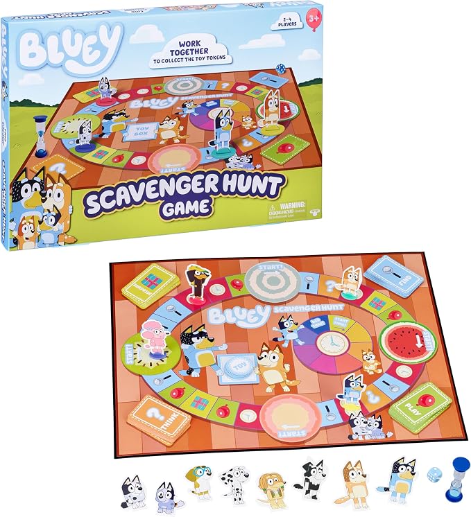 Bluey Scavenger Hunt Board Game, Cooperative Play with 4 Exclusive Mini-Figures, Indoor Games for Kids Ages 5+, Fun Toy Token Collecting Game | Collect 12 toy tokens as a team with Bluey, Bingo, Bandit & Chilli minis; family game for kids ages 3+