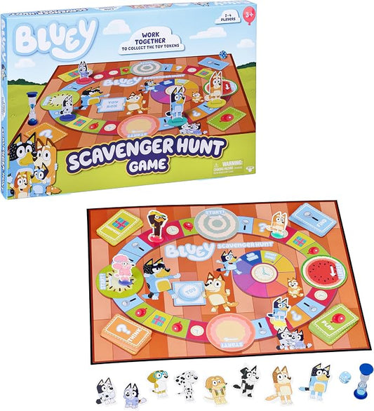 Bluey Scavenger Hunt Board Game, Cooperative Play with 4 Exclusive Mini-Figures, Indoor Games for Kids Ages 5+, Fun Toy Token Collecting Game | Collect 12 toy tokens as a team with Bluey, Bingo, Bandit & Chilli minis; family game for kids ages 3+