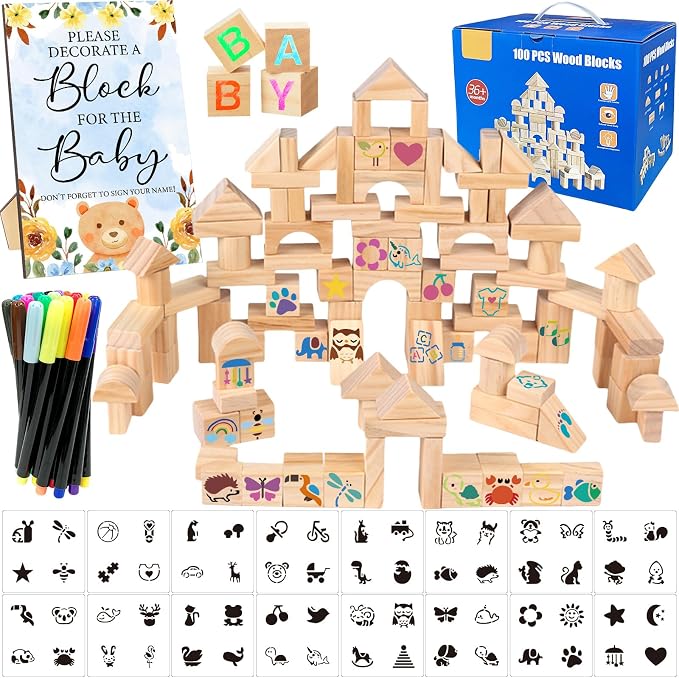 141 Pcs Baby Shower Game Sign Set Includes Decorative Square Signs 100 DIY Blank Wooden Blocks 20 Paint Markers(Bear)
