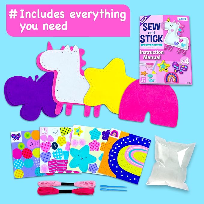 EZCRA Unicorn Sewing Kit for Kids Ages 4-8 - 4 Beginner Projects | Sewing Craft Kit for Girls. 4 Easy DIY Projects with Felt Stickers. No Mess Arts and Crafts Gift for Girls.