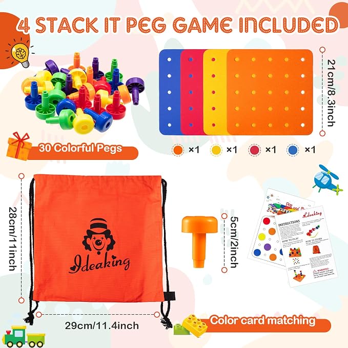 Toddler Peg Boards Montessori Stacking Toys,Red,Yellow,Blue,Orange | 120 Pcs Pegs with 4 Foam Boards & Storage Bag Kids Fine Motor Skills Educational Toy for Home Preschool