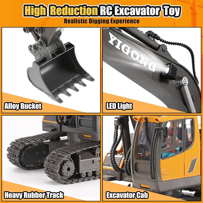 LUDILO Remote Control Excavator Toys for 6 Year Old Boys Birthday Gifts | 11CH 2.4GHz Cars RC Excavator/Construction Toys Digger Truck/Metal Shovel Sound Light/Kids Boys Toys Age 6-8 Years Old Gifts