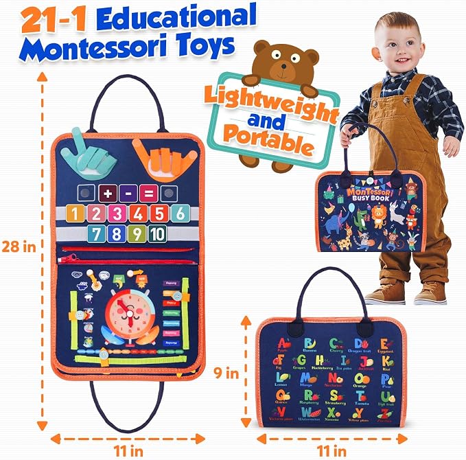 Toddler Toys Montessori Busy Board, Busy Book Toy for Toddlers Ages 1-3 | 2 Year Old Boy Girl Birthday Gift, Montessori Toys for 1 Year old Boy, Educational Activity Book for Learning Motor Skills