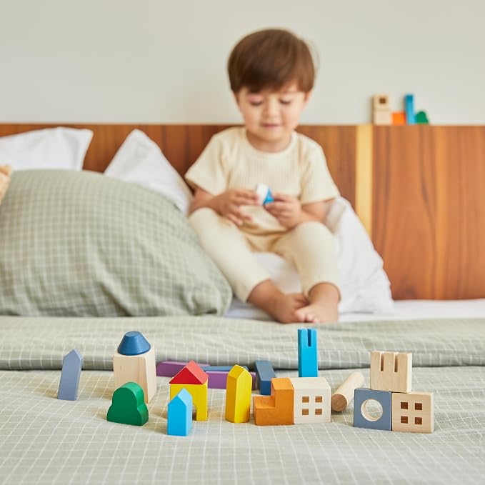 PlanToys® Cityscape Blocks Wooden Montessori Building Imaginative Kids Set | shapes, buildings, construction toys, sorting & stacking toys, girls, boys, spatial STEM fine motor creative gift preschool