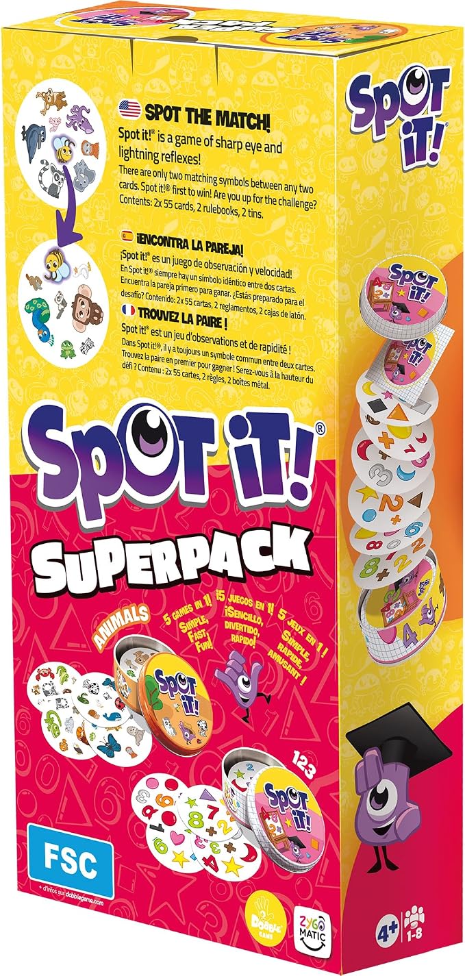 Asmodee Spot It! Super Pack Kids (2024 Refresh) Eco Big Box - Includes Animals and 1,2,3 Editions, Family Card Game Bundle for Quick Reflexes! Ages 6+, 2-8 Players, 10 Minute Playtime | Includes Spot It! Animals and Spot It! 1,2,3. Ages 6+, 2-8 players...