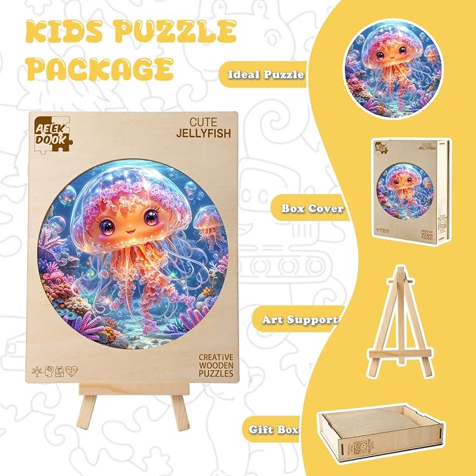 Ocean Wooden Puzzles for Kids - Cute Jellyfish | 50 Piece Puzzles for Kids Ages 6-8, Kids Puzzles with Unique Animal Shapes, Round Gift for Girls and Boys (11.4 * 11.4 in)