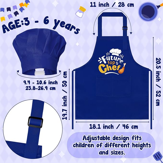 R HORSE 2 Pieces Kid Apron and Chef Hat Set, Dress up Role Play Chef Toy | Blue Future Top Chef Adjustable Kid Kitchen Apron with Pockets, Ideal for Cooking, Baking, Painting, Cooking Birthday Gift
