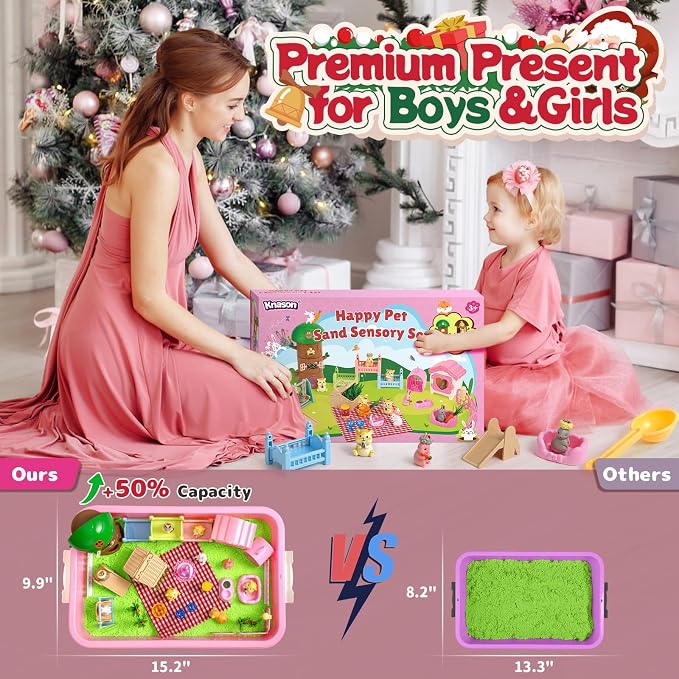 KNASON Rabbit and Hamster Sensory Bin, Play Sand Kit for Girls and Boys | 2.2lbs Sensory Play Sand, Sandbox with Lid, Rabbit and Hamster Figures, Tree House, Role Pretend Play Toy Gift for Kids