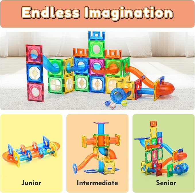 MAGBLOCK 85PCS Marble Run Magnetic Tiles Toy Building Blocks STEM Ages 5+ | Educational Brain Development Kit, Magnet Construction Toys for Boys Girls Kids Age 5 6 7+ Years Old