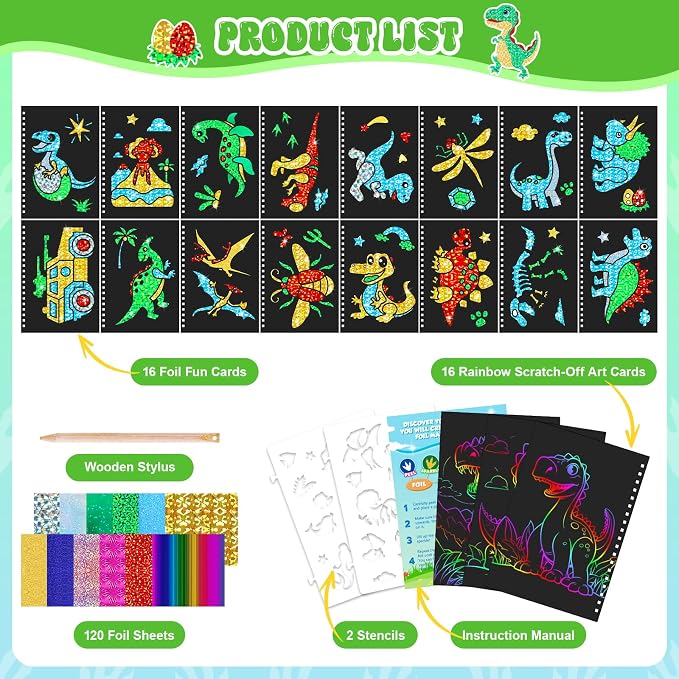homicozy Art & Craft Activity for Kids - Foil Fun Dinosaurs & Scratch Art Book 2-in-1, No Mess Art Crafts for boys,DIY Creative Activity Kit,Gifts for Boys and Girls Ages 4, 5, 6, 7, 8, 9, Travel Toys