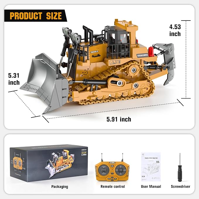 KidsFaves RC Bulldozer with Alloy Blade,Remote Control Construction Toy | 360° Rotating,9-Channel Remote Control Bulldozer Toy with Lights & Sounds for Kids