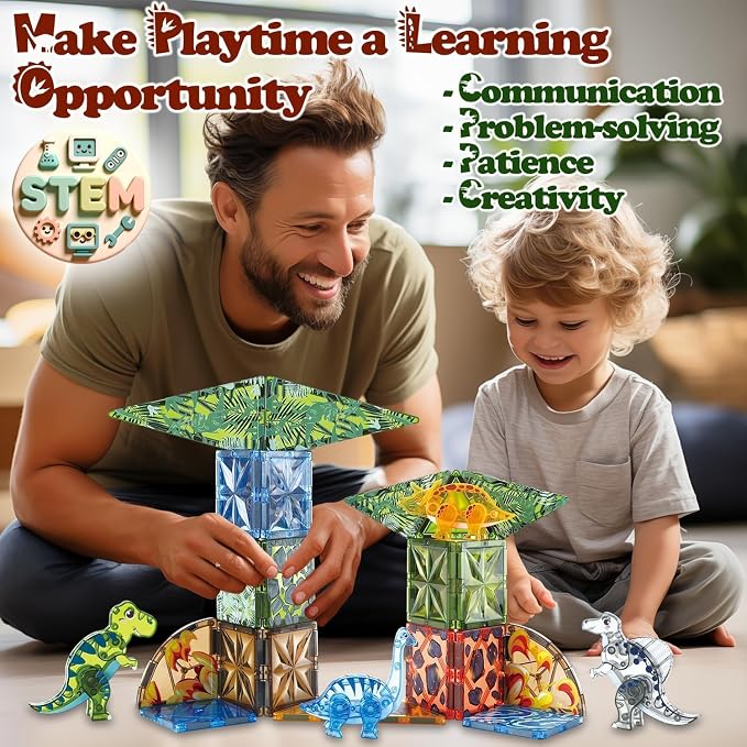 Magnetic Tiles Dinosaur Toys for Kids 3-7 Magnet Building Blocks Toddler Dino Toys - Educational STEM Toys 3 Year Old Boy Gift Learning Resources for Kids Ages 3 4 5 6 7 8 Gifts for 4 Year Old Boys