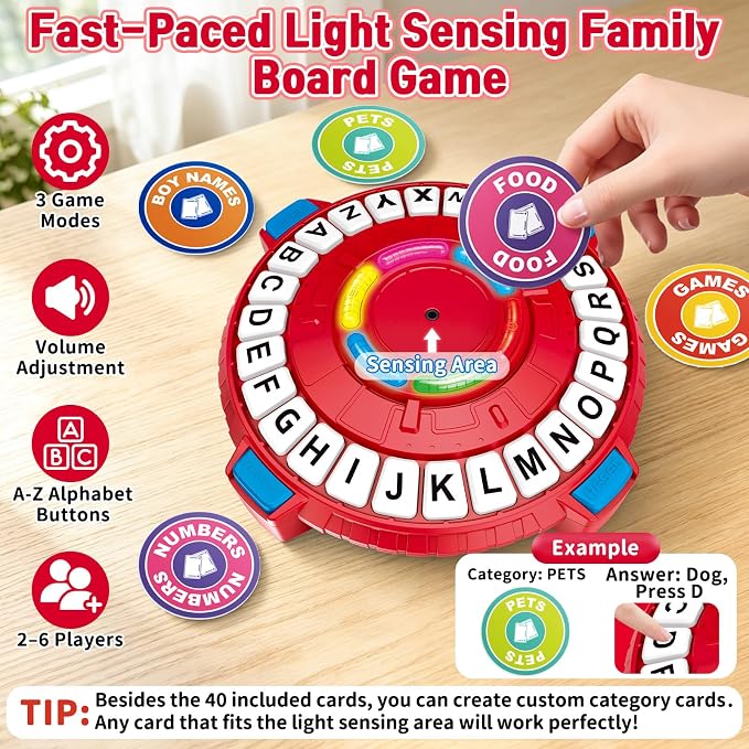 Family Board Game for Kids and Adults, Light-Sensing Word Game with 3 Modes | Fast-Paced 26-Letter Game with Timer for Family Game Nights and Parties, 40 Double-Sided Category Cards, 2–6 Players, Ages 8+
