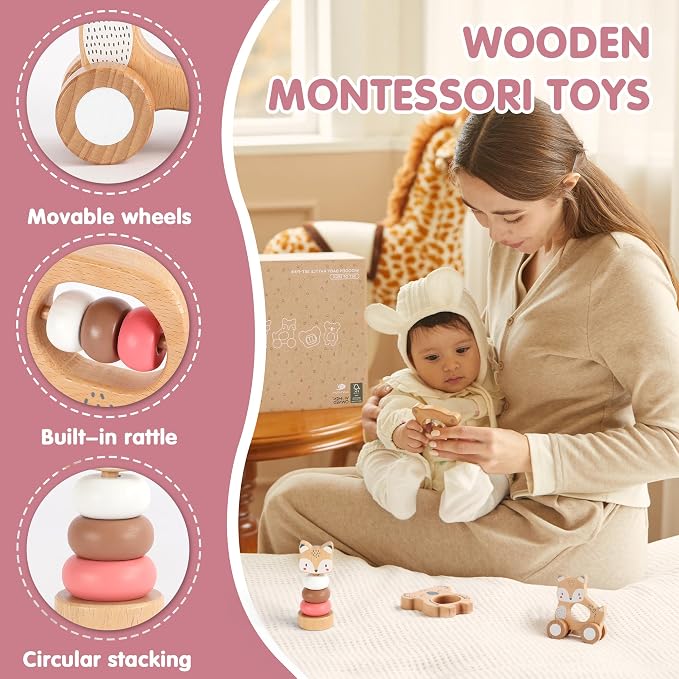 FReniland Wooden Montessori Baby Toys Set, 5-Piece Newborn Gift Set with Koala Rattle, Fox Stacking Rings & Push-Pull Toy for Boys and Girls
