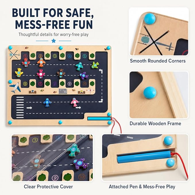 Magnetic Number Maze Toy for Toddlers Ages 3-5, Wooden Airport Parking Puzzle with Magnetic Pen, Montessori Counting & Number Matching Learning Toy, Fine Motor Skills Activity for Boys Girls 3 4 5