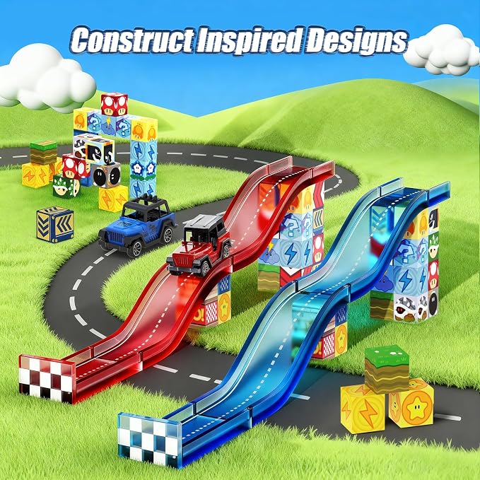 Magnetic Tiles Race Track Set, 52PCS STEM Educational | With 2 Race Cars, Montessori Sensory Travel Toys for Kids 3 4 5 6 7 8, Birthday & Holiday Gift for Boys & Girls