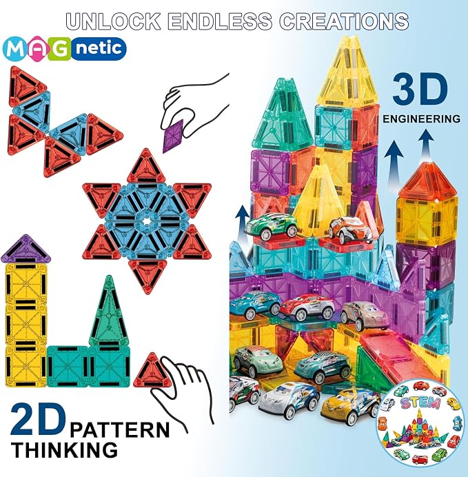 Mini Magnetic Tiles 62 PCS with 8 Metal Cars Travel Magnetic Building Tiles with Storage Box Magnet Toy for Kids STEM Educational Set Construction Toys Boys Girls Toddlers Birthday Gifts 3 4 5 6 7 8