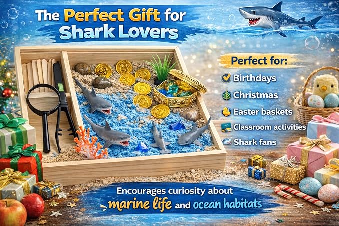 Shark Sensory Bin Kit for Kids - Ocean Sensory Play Kit with Wooden Storage Box, Moldable Sand, Sharks & Treasure Chest - Montessori STEM Learning Toy, Shark Gifts for Boys & Girls Ages 4-8