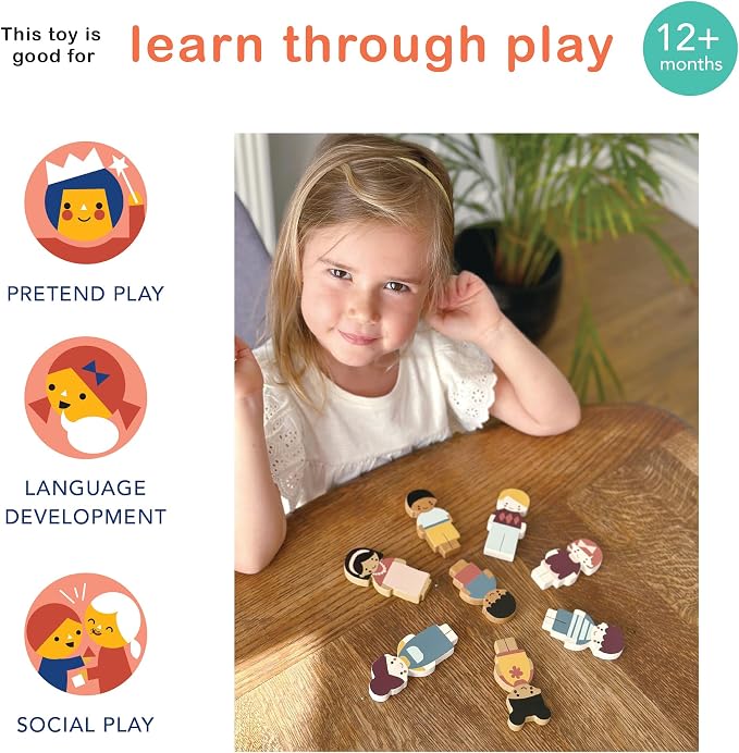 Mentari Toys - Doll Family with Dog - 5pc Solid Wood Doll Set with Playful Pup - Perfectly Sized for Pockets and Little Hands - Encourages Imaginative Play and Social Skills - Age 12m+