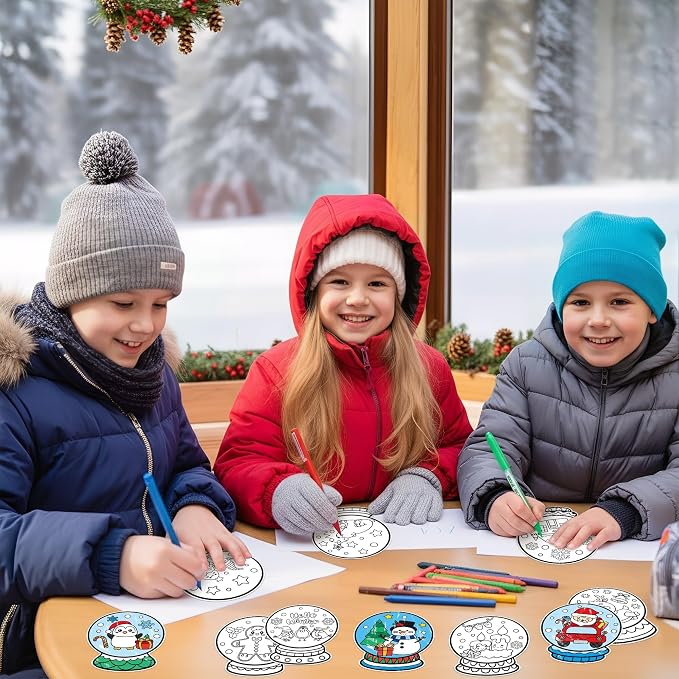 Winter Snow Globe Coloring Craft Kit - 30Pcs Snowman Penguin Bear Color Your Own Magnets for Kids Snow Globe Blank DIY Coloring Fridge Magnets for School Home Decor Xmas Winter Holiday Party Supplies