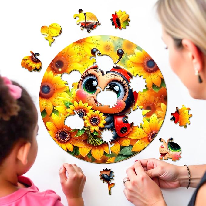 Animal Wooden Puzzles for Kids - Sunflower Ladybug | 50 Piece Puzzles for Kids Ages 6-8, Kids Puzzles with Unique Animal Shapes, Round Gift for Girls and Boys (11.4 * 11.4 in)