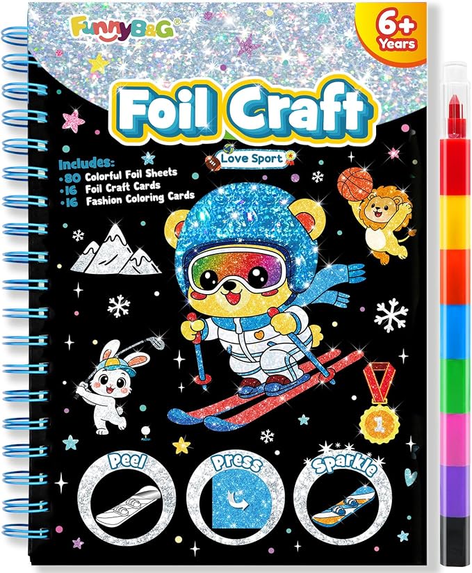 FUNNYB&G Foil Art Craft Kit for Kids, Sparkly Birthday Gift Toy for Kids | No Mess, Kids Ages 4-10 Create Sparkling Artwork, A Creative Gift for Birthdays, Holidays, Travel Activities,Screen-Free Fun
