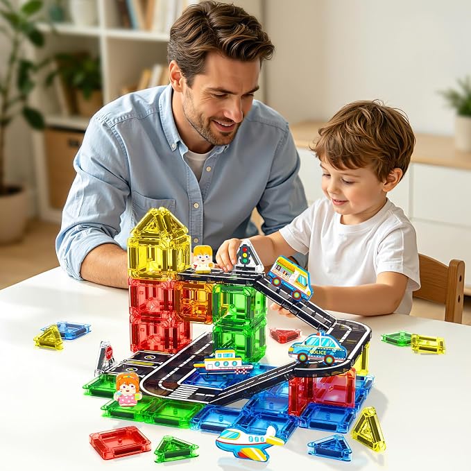 Mini Magnetic Tiles Road Travel Essentials Set — Portable STEM Sensory Magnetic Building Blocks for Toddlers & Preschool Toys, Compact Travel Toys for 3+ Boys & Girls, Easter Birthday Gift