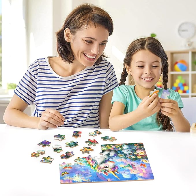 LELEMON Unicorn Puzzles for Kids Ages 4-8,60 Pieces Raibow Unicorns Cats Butterfly Jigsaw Puzzles in a Metal Box,Cute Raibow Unicornss Learning Educational Puzzles for Boys Girls