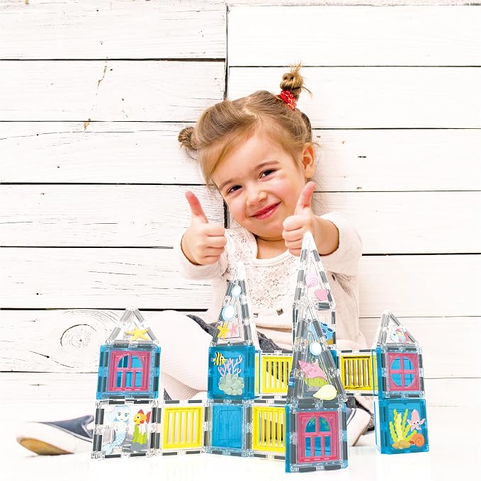PicassoTiles 50 Piece Magnetic Tiles Mermaid Theme Magnet Building Blocks Toddler Toy Educational STEM Learning Kit Construction Set Pretend Play Preschool Kid Game Toddler Girl Boy Ages 3 & Up PTQ34