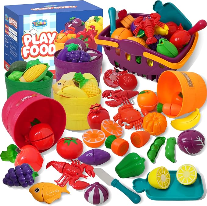 Play Food Sets for Kids Kitchen - Learning Toy Color Sorting | Cutting Toy Food - Safe ABS Materials, Play Food for Toddlers 1-3, Great Gifts for 3-8 Years Old Boys & Girls