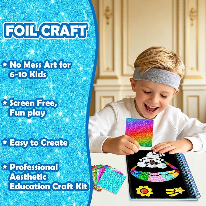 FUNNYB&G Foil Art Craft Kit for Kids, Sparkly Birthday Gift Toy for Kids | No Mess, Kids Ages 4-10 Create Sparkling Artwork, A Creative Gift for Birthdays, Holidays, Travel Activities,Screen-Free Fun
