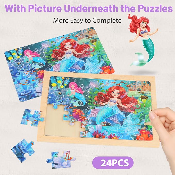 Puzzles for Kids Ages 4-6, 4-Pack 24-Piece Wooden Kids Puzzles | Unicorn, Mermaid & Princess Themes | Educational Puzzles for Kids Ages 3-5, Age-Appropriate Learning Toys, Ages 3+