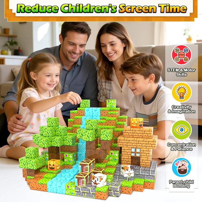 Magnetic Blocks - 100PCS Build Mine Magnet World Forest Cottage Craft Set | Building Toys for Boys Girls Age 3-5 5-7 8-12, Construction Craft Sensory Toys Birthday Gifts for 3+ Years Old STEM Learning