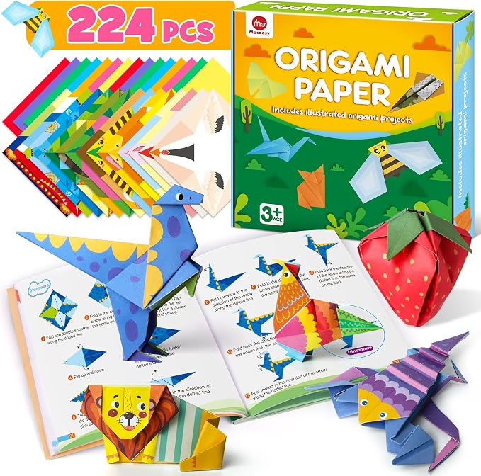 Mocoosy 224 Sheets Origami Paper Kit for Kids Ages 5-8 8-12, Folding Paper Set with Origami Book for Beginners, Art Craft Supplies for Boys Girls 9-12, Travel Game Car Road Trip Activities Toy Gifts